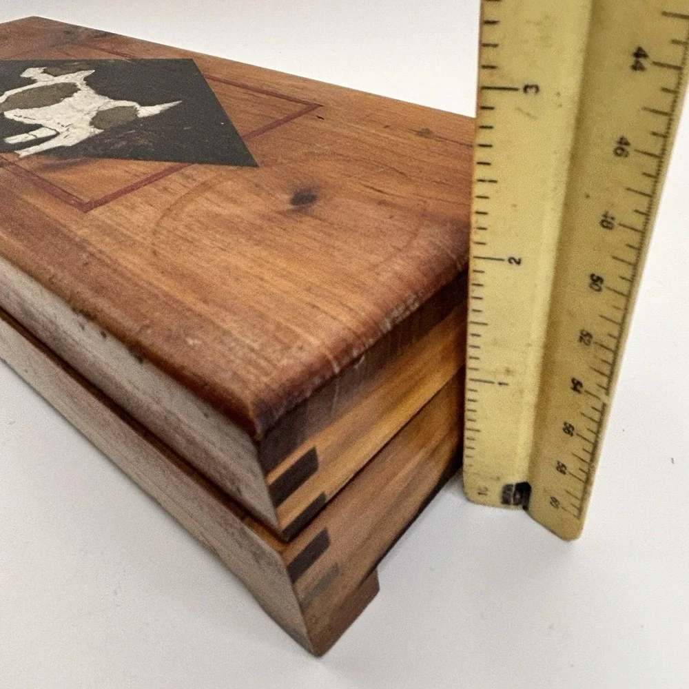 Vtg Wooden Jewelry / Trinket Box Dove Tail Joints Mirrored Dog Terrier HandPaint